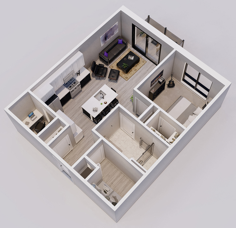 Floor plan for 1 bed, 1 bath, 684 sqft